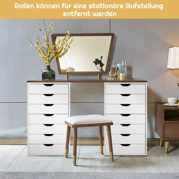 Armário de escritório com rodas com 7 gavetas, rodas bloqueáveis 48 x 40 x 89 cm branco