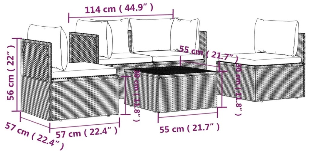 5 pcs conjunto lounge de jardim c/ almofadões vime PE cinzento
