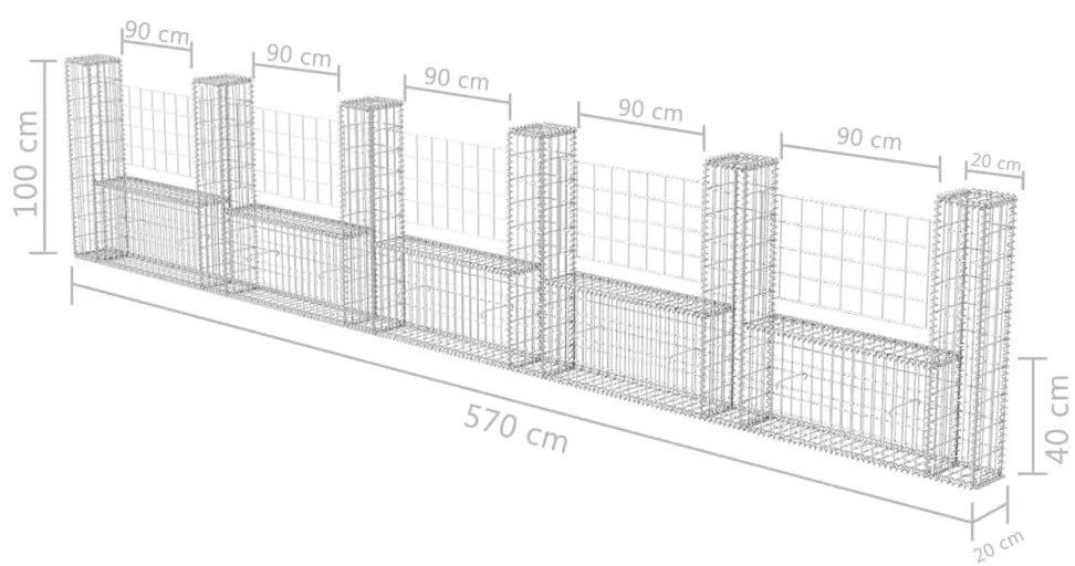 Cesto gabião em forma de U aço galvanizado 570x20x100 cm