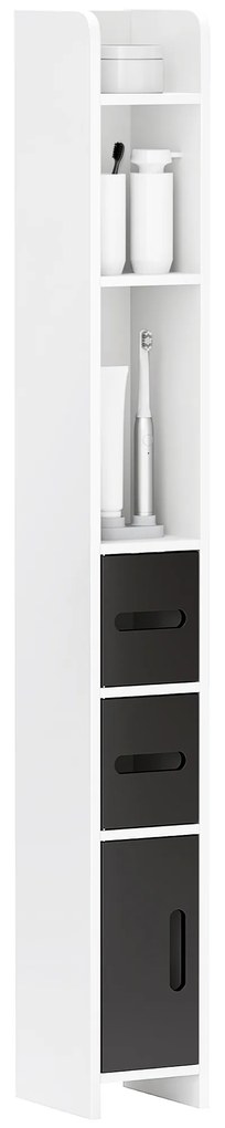 kleankin Armário Casa de Banho com 3 Portas e 3 Prateleiras Abertas Coluna Auxiliar Estilo Moderno 15x17x120 cm Branco e Preto | Aosom Portugal