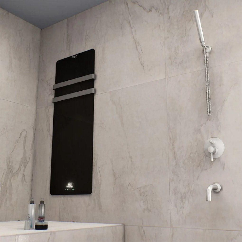 Toalheiro elétrico ReadyWarm 9880 Crystal Towel 850 W. Dois ganchos de aço inoxidável, ecrã LED e temporizador semanal. IP24