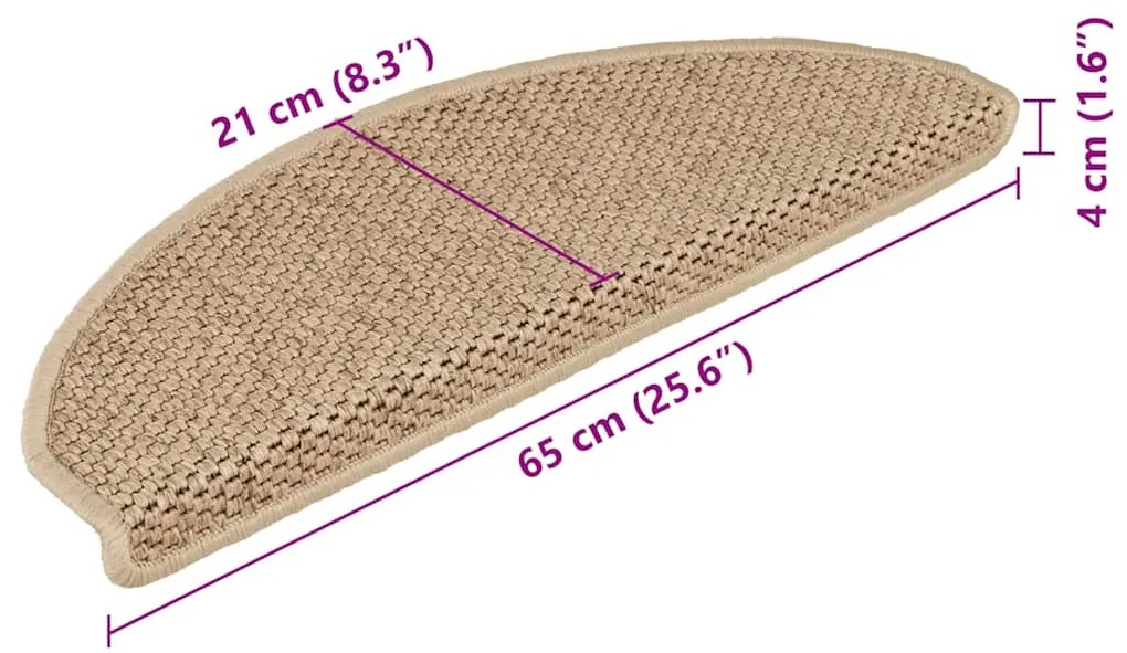 Tapetes escada adesivos aspeto sisal 15pcs 65x21x4cm cor areia