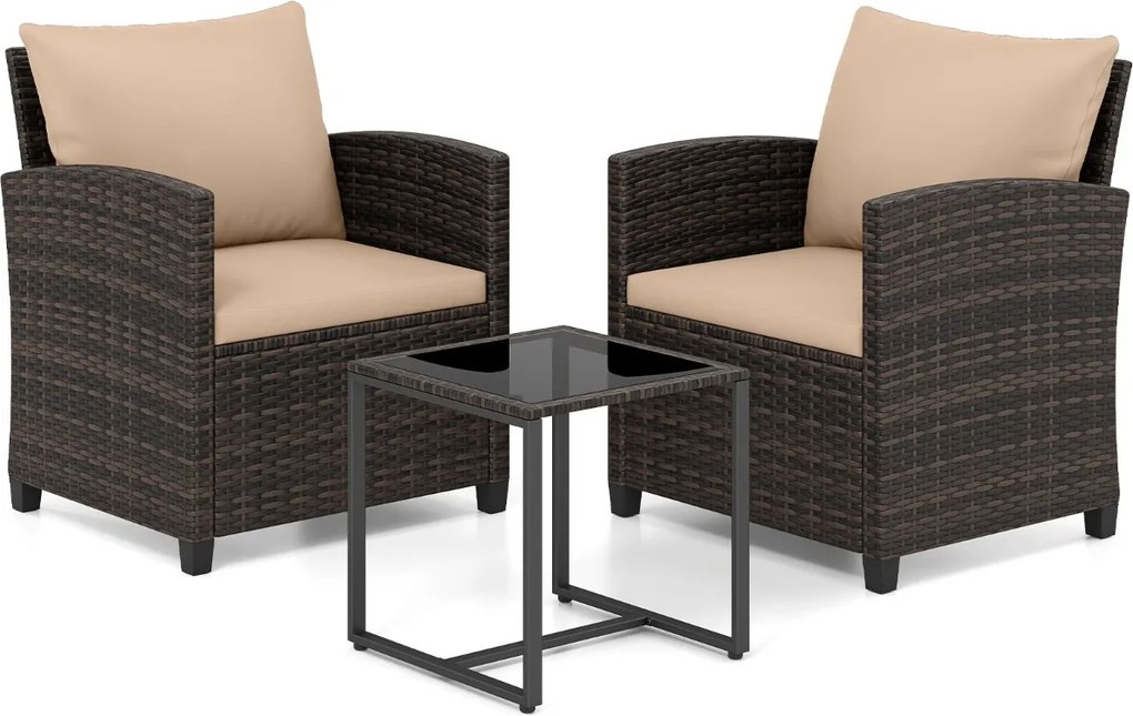 Conjunto de 3 móveis de rattan para jardim, com 2 cadeiras, mesa de vidro e almofadas pretas com capas removíveis, para jardim, terraço ou piscina Cas