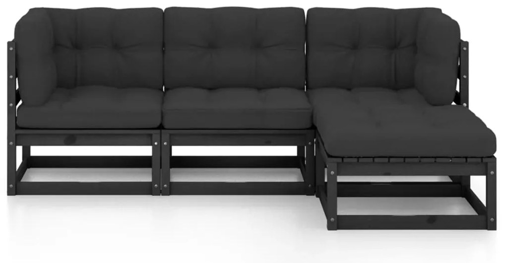 4 pcs conjunto longue de jardim c/ almofadões pinho maciço