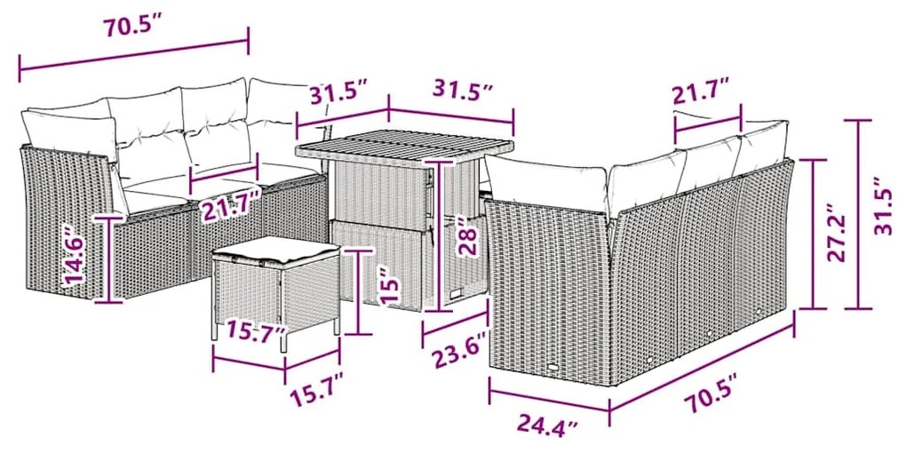 Conjunto de Sofá para Jardim com 9 Peças e Almofadas Pretas em Rattan