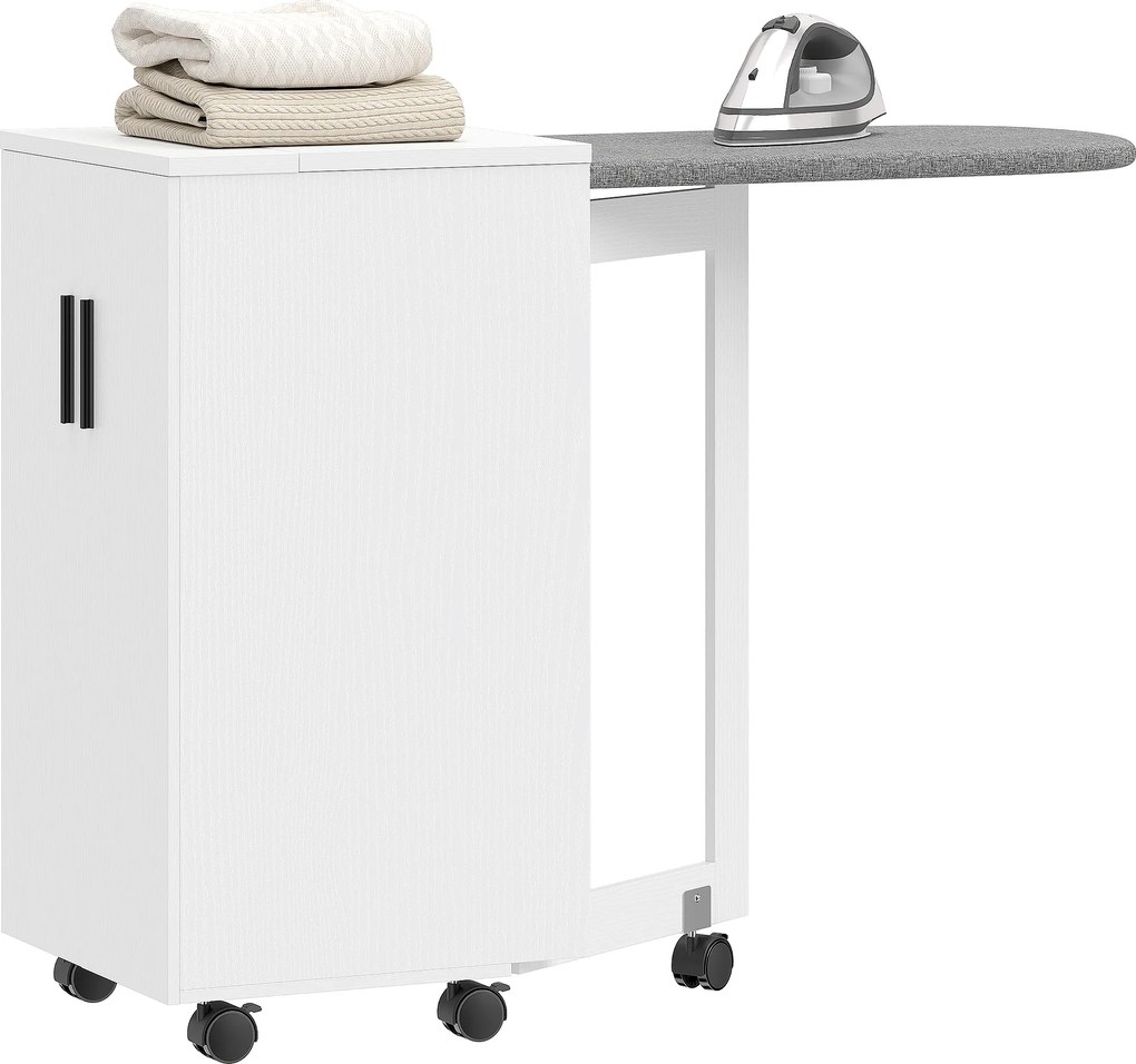Mesa de engomar 2 em 1, mesa de engomar dobrável com rodas 128 x 43 x 83 cm, prateleira ajustável e dobradiças, branca