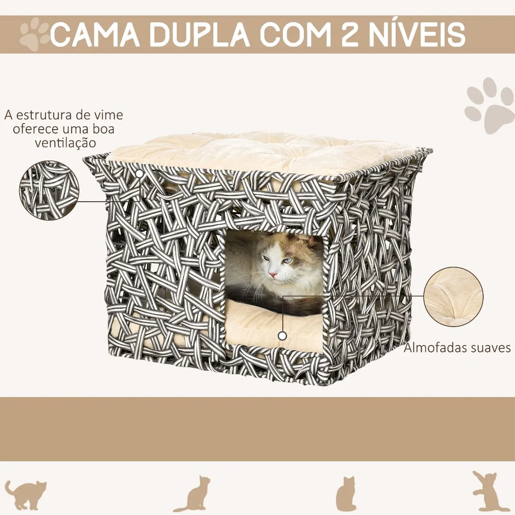 Cesta de Vime para Gatos de 2 Níveis Cama Caverna de Gatos com 2 Almofadas Suaves Estrutura de Metal 51x42x37cm Cinza e Bege
