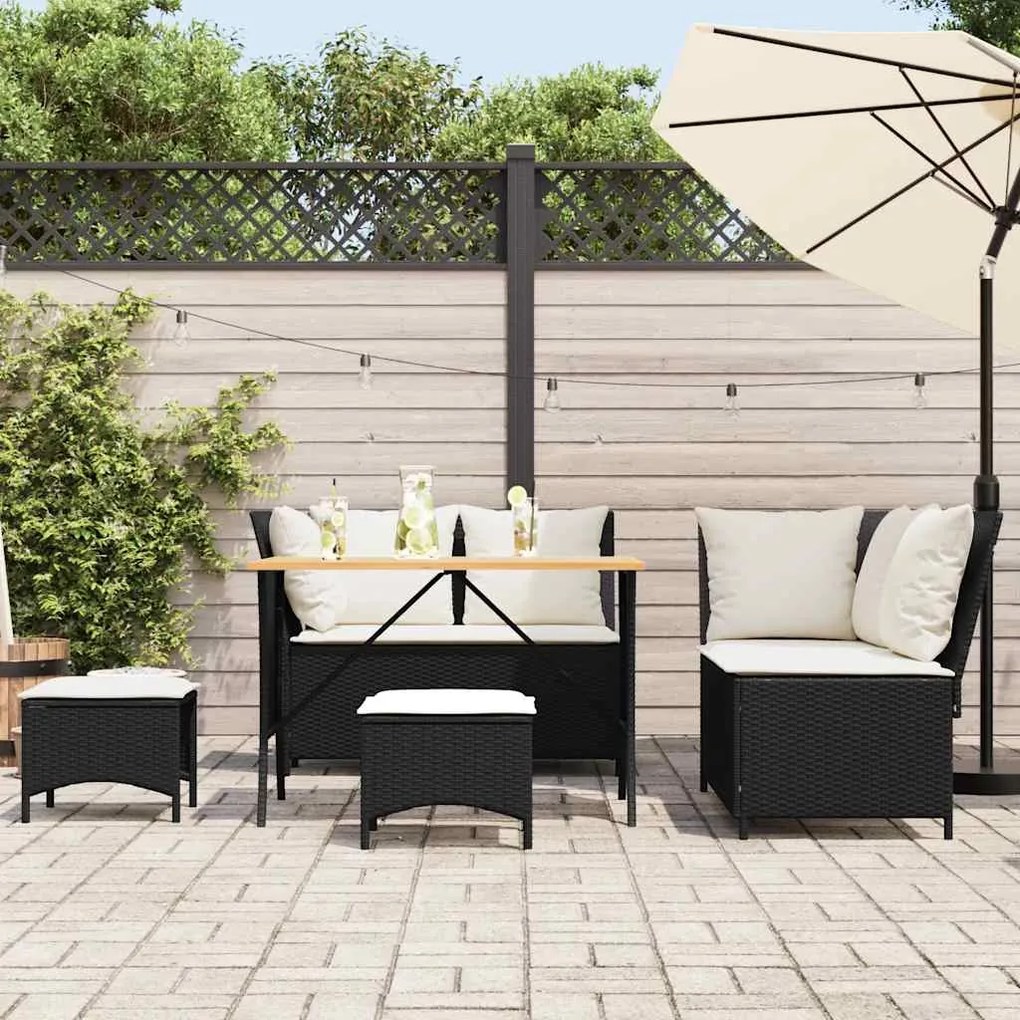 5 pcs conjunto sofás de jardim com almofadões vime PE preto