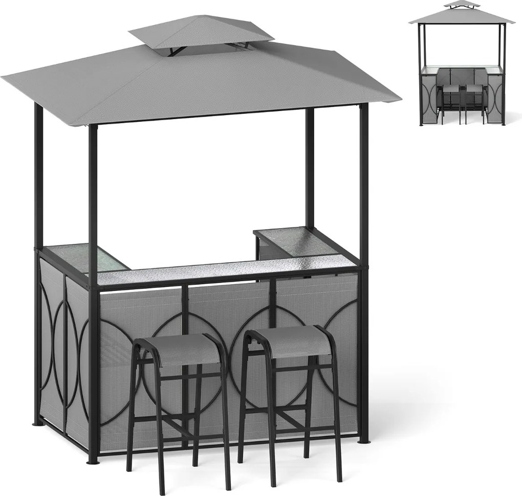 Conjunto de Pérgula para Churrasqueira ou bar 194 x 121 x 242 cm com 2 Bancos Estante Metálica de 2 Níveis com Teto Duplo Cinzento