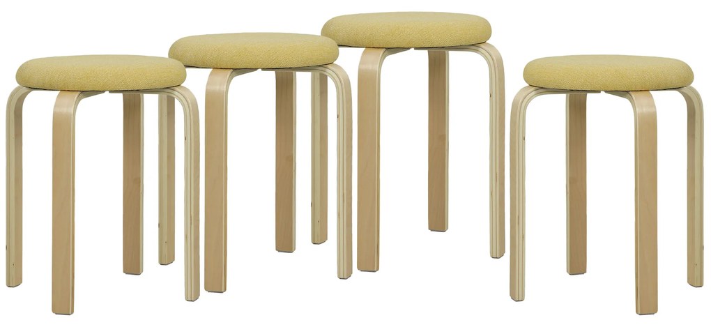 HOMCOM Conjunto de 4 Bancos Empilháveis Redondos Bancos Baixos de Cozinha com Assento Acolchoado Ø40x45 cm Amarelo e Madeira | Aosom Portugal