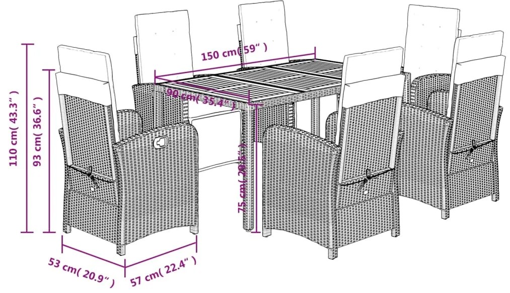 7 pcs conjunto de jantar p/ jardim c/ almofadões vime PE preto