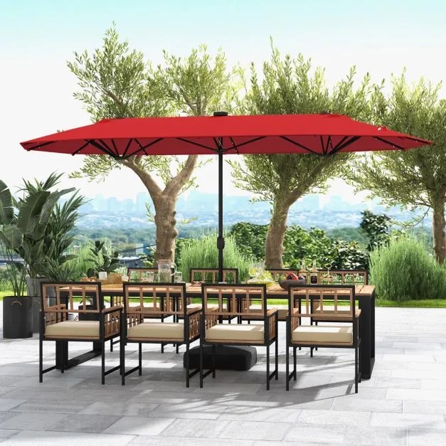Guarda-sol jardim Duplo 4 x 2 m com Luzes Solares Manivela e Base pesada Vermelho