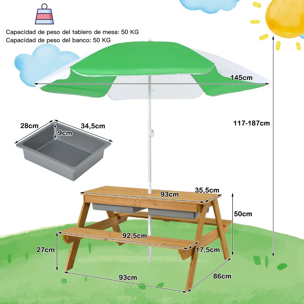 Mesa de piquenique infantil 3 em 1 com guarda-sol removível e ajustável de altura de 117 a 187 cm Mesa de madeira para pátio de jardim Verde