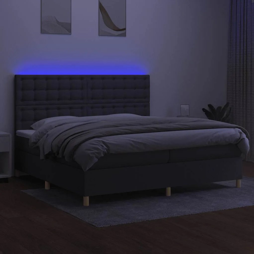 Cama box spring c/ colchão e LED 200x200 cm tecido cinza-escuro