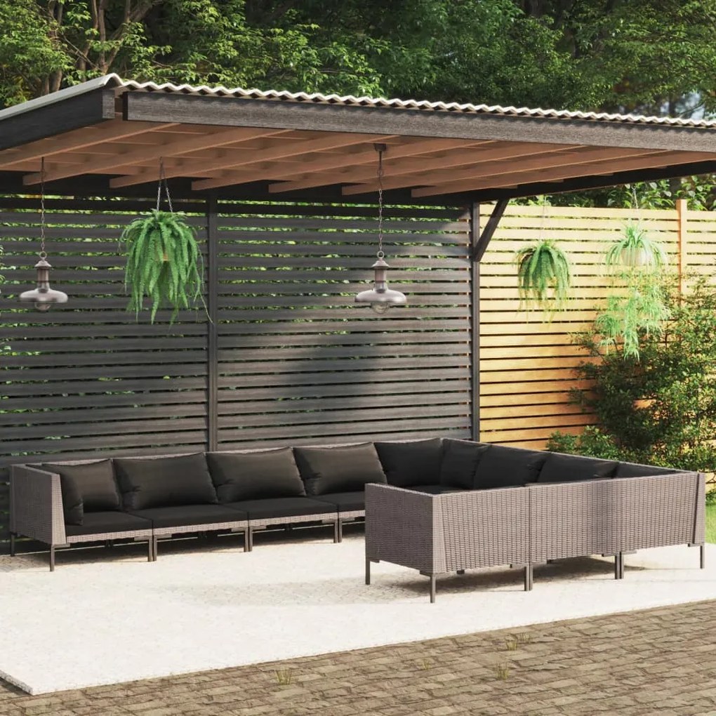 vidaXL 10pcs conj. lounge jardim c/ almofadões vime PE cinzento-escuro