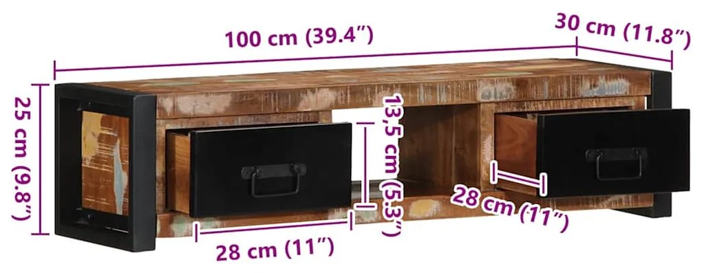 Móvel TV 100x30x25 cm Madeira maciça recuperada