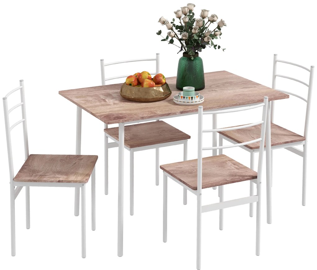 HOMCOM Conjunto de Refeição 5 Peças Conjunto de Mesa e 4 Cadeiras para 4 Pessoas com Estrutura de Aço 110x70x75 cm Madeira e Branco