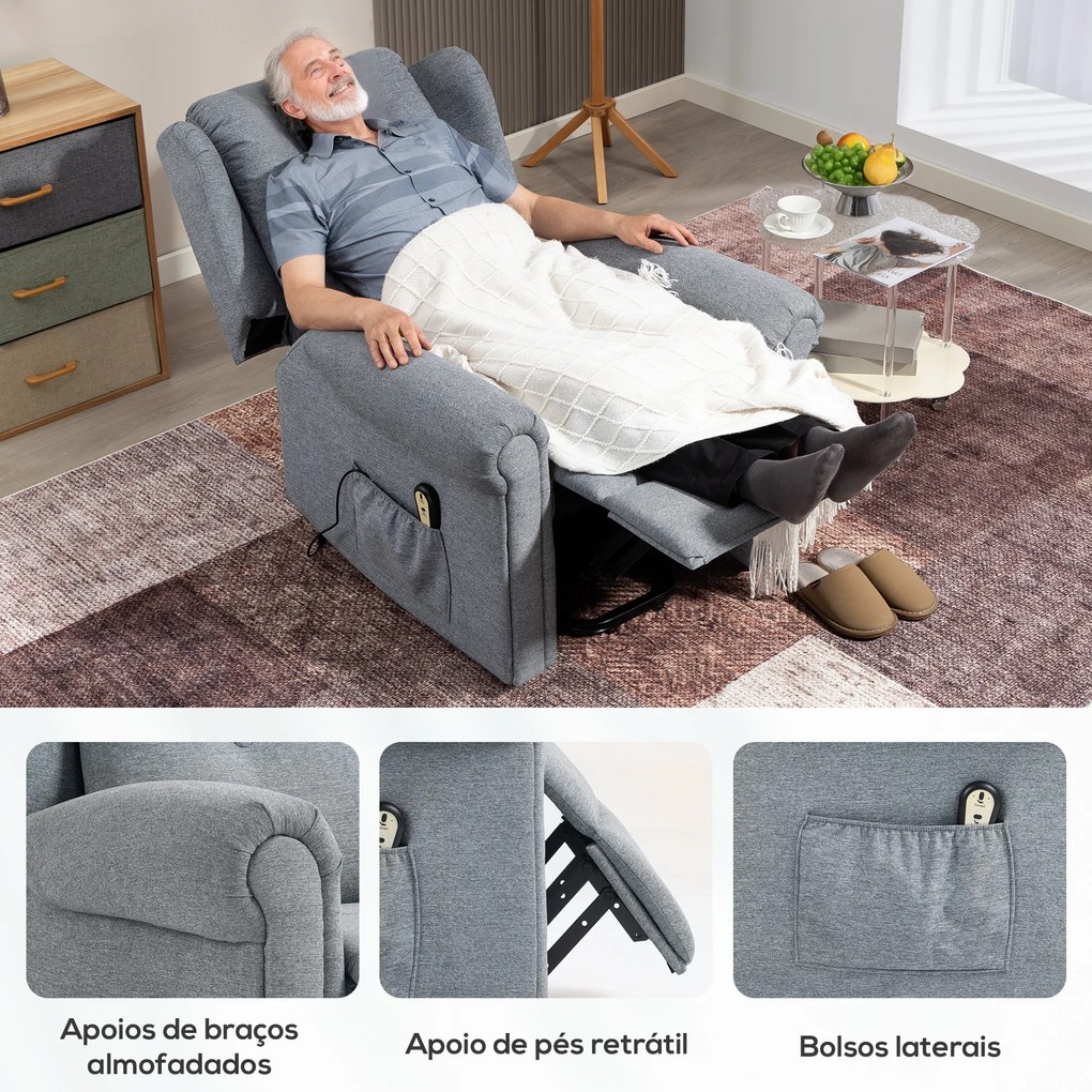 Poltrona Relax Reclinável Elétrica Poltrona Elevatória com Encosto Alto Capitonê Controlo Remoto 85x91x103 cm Cinza