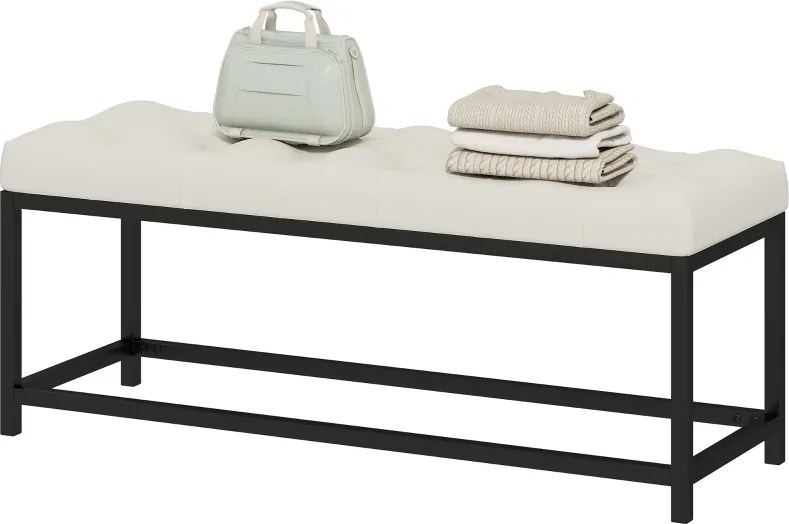 Banco entrada ou ao Pés da Cama Estofado em Veludo 117x40x48 cm Design Capitonê Base de Metal Banco para Quarto Entrada Sala Creme