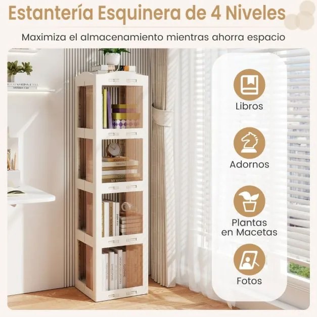 Estante com base giratória giratória 360° com 4 níveis em Plástico dobrável 36,5 x 36 x 141,5 cm com prateleiras Branca