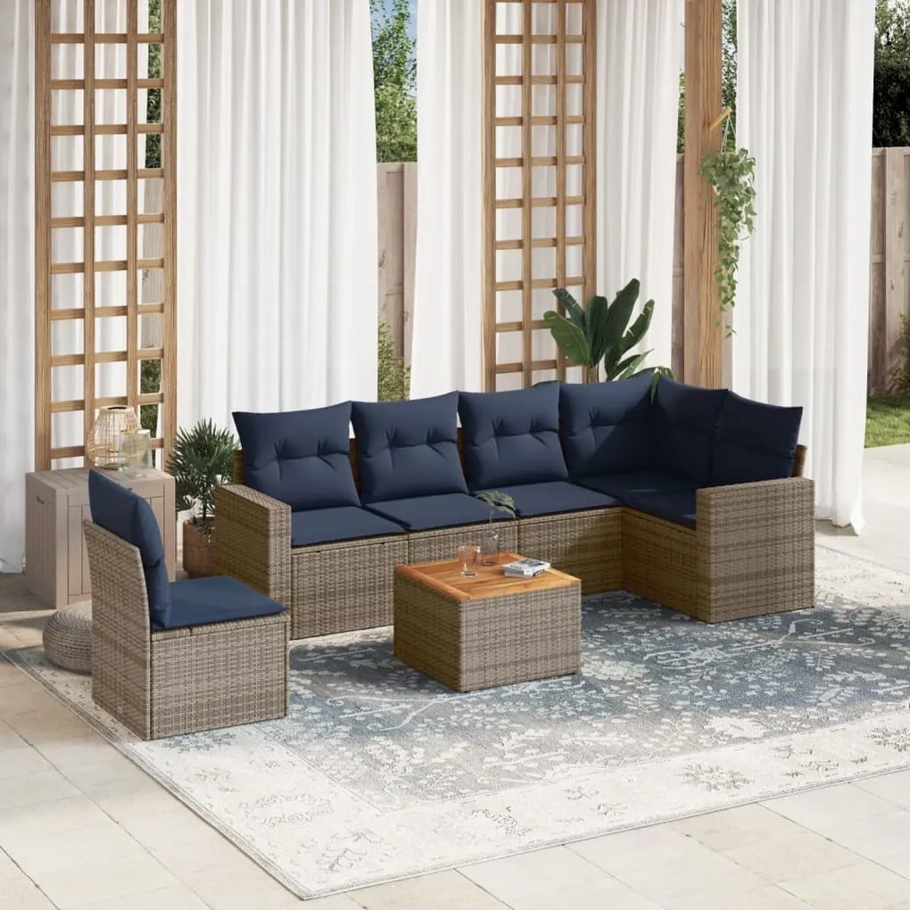 vidaXL 7 pcs conjunto sofás p/ jardim c/ almofadões vime PE cinzento