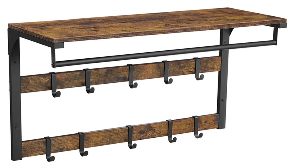 Bengaleiro de parede com prateleira e 10 ganchos amovíveis 30 x 80 x 42 cm preto castanho vintage