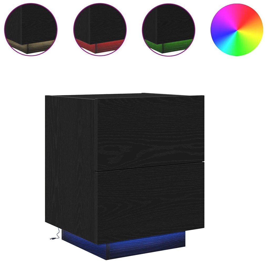 Cômodas de Cabeceira com Luzes LED 2 pcs Carvalho Preto 45x40x55 cm