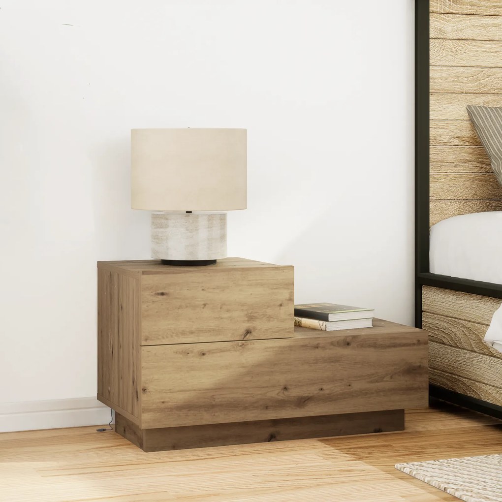 Mesa de Cabeceira vidaXL com Luzes LED Carvalho Artesanal 100x36x49 cm