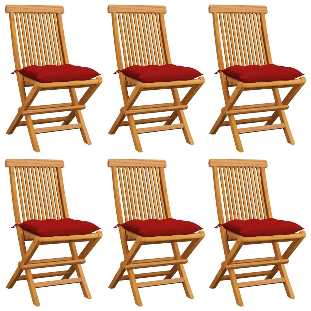 3065611 vidaXL Cadeiras de jardim c/ almofadões vermelhos 6 pcs teca maciça