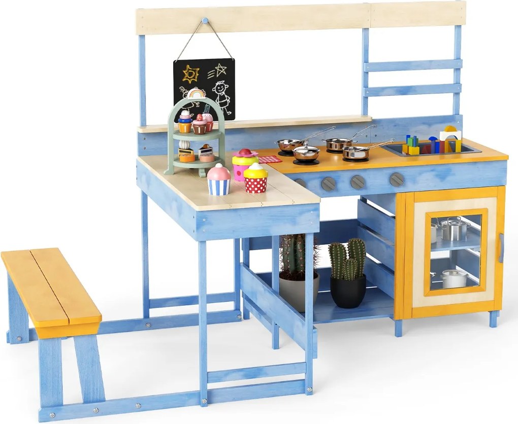 Cozinha de brincar com mesa de piquenique para crianças de madeira de abeto com banco Quadro negro Acessórios Utensílios Azul