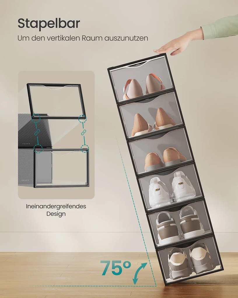 Conjunto de 12 caixas de plástico para sapatos até tamanho 43 transparente-preto