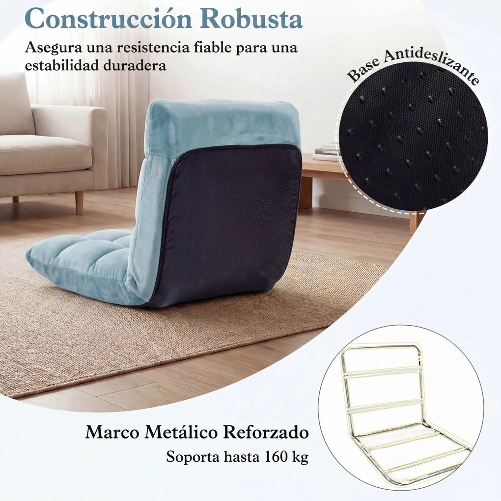 Cadeira de Chão Dobrável, 104 x 53 x 15 cm, Encosto Ajustável em 14 Posições, Azul-claro