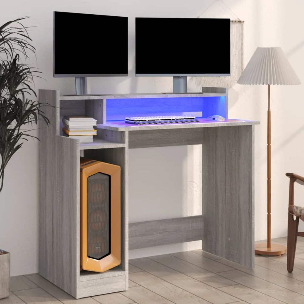 vidaXL Secretária com luzes LED 97x45x90 cm madeira processada sonoma