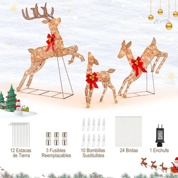 Conjunto de 3 renas de Natal iluminadas com 255 luzes de Natal brancas quentes para decoração dourado