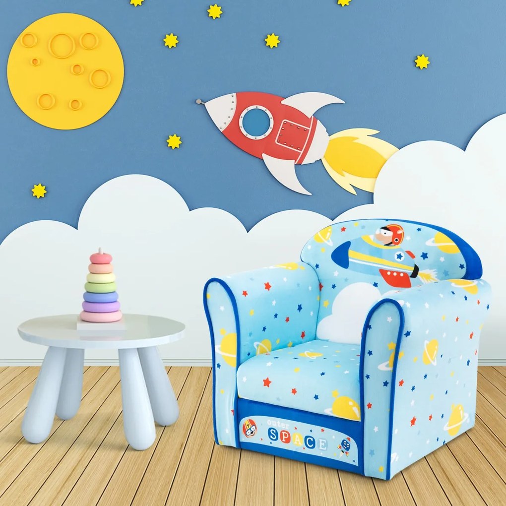 Poltrona infantil estofada, sofá infantil com moldura de madeira, superfície de veludo, enchimento de espuma para quarto 50 x 40 x 54 cm azul