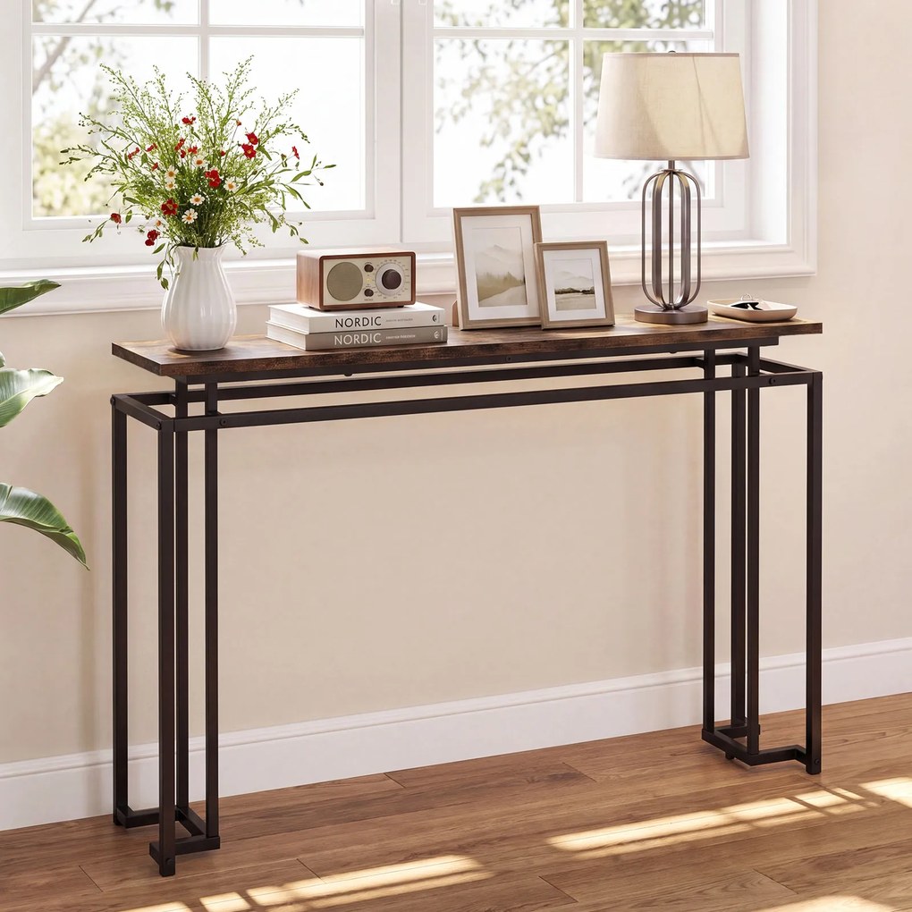 Mesa de Consola de 2 Níveis, 120 x 30 x 81 cm, Estrutura Metálica Resistente, Castanho+Preto