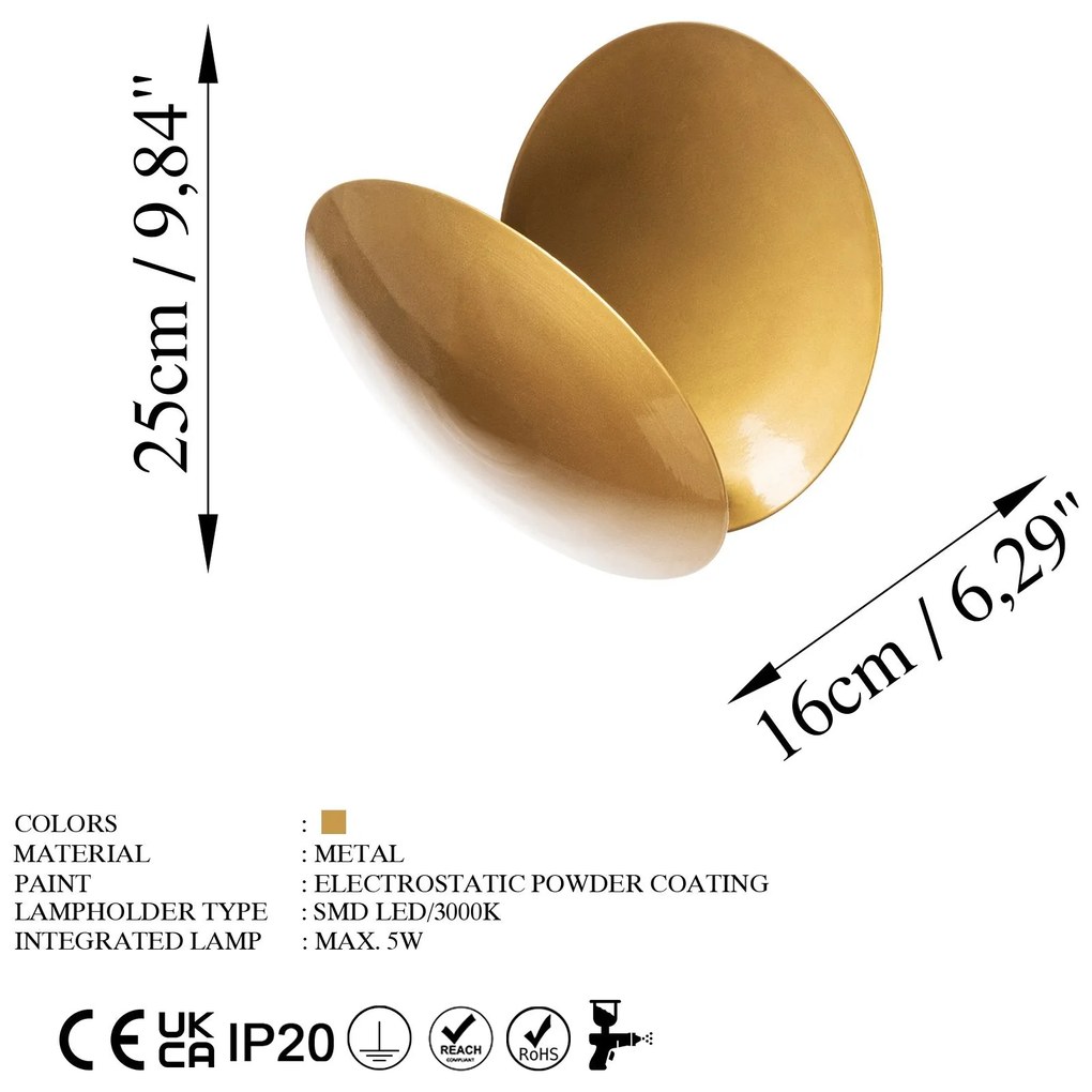 Candeeiro de Parede Yosma – Dourado – 25x25x16 cm