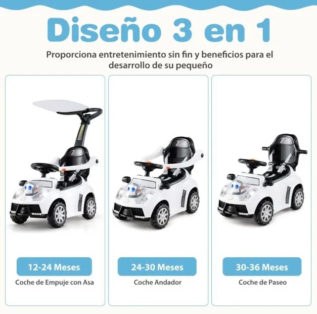 Andarilho crianças forma carro 3 em 1 Carro deslizante com guiador, buzina, música, luz e cinto de segurança Branco