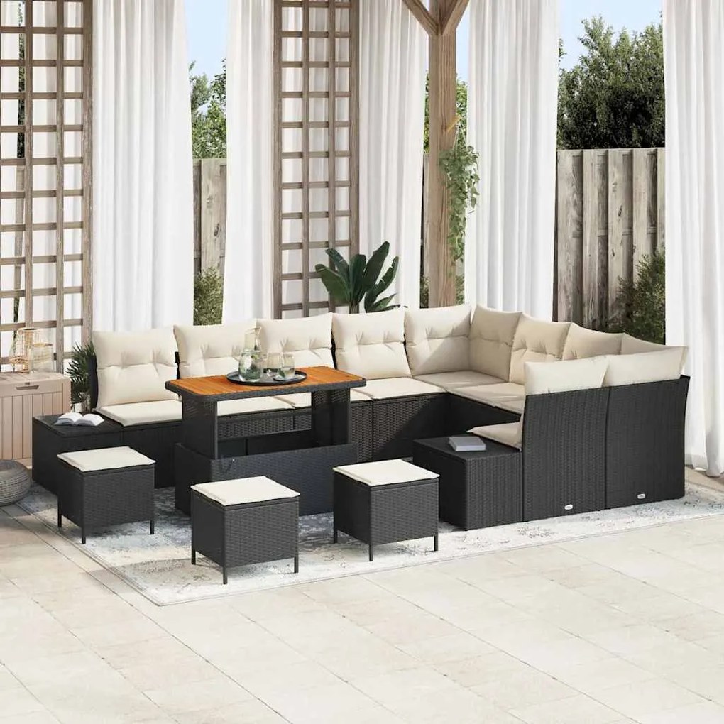 vidaXL Conjunto de Sofás de Jardim com 13 Peças e Almofadas em Preto, de Polietileno e Acácia.