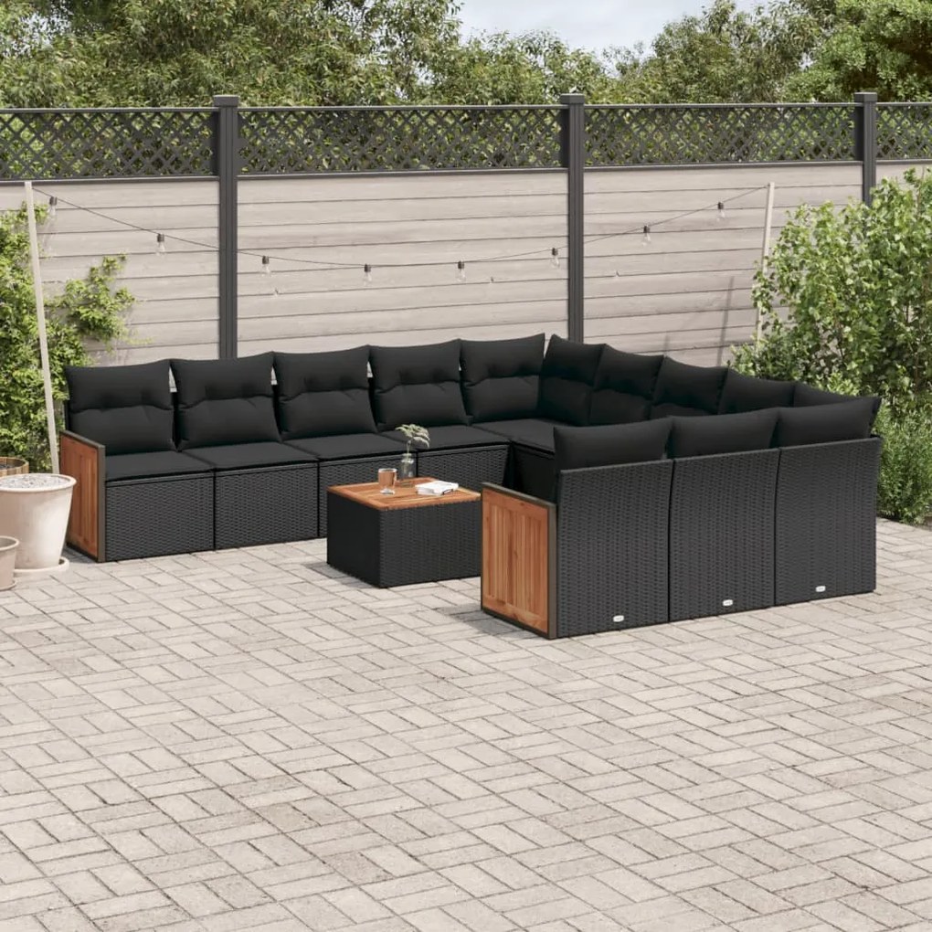 vidaXL 12 pcs conjunto de sofás de jardim c/ almofadões vime PE preto
