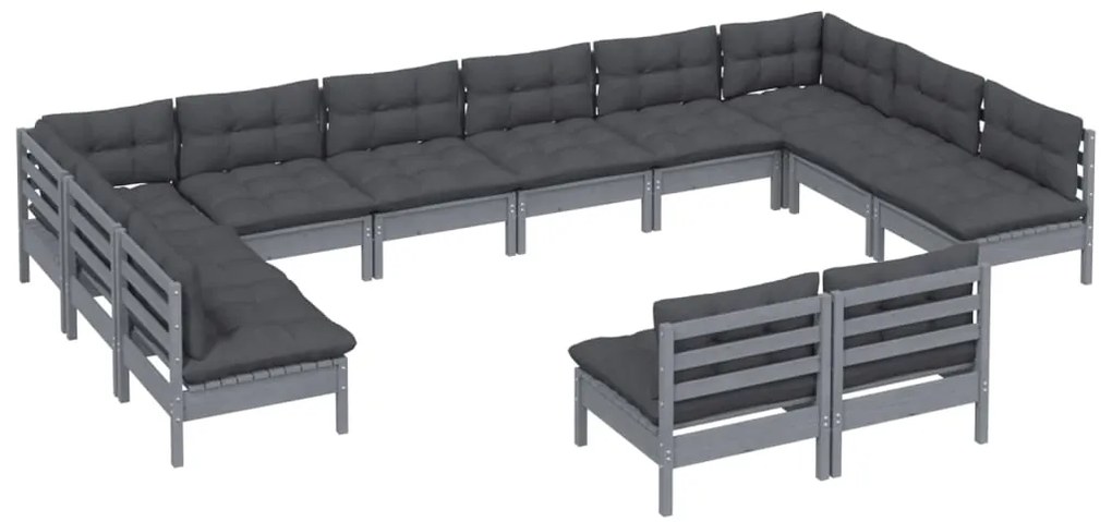 12pcs conjunto lounge de jardim + almofadões pinho maciço cinza