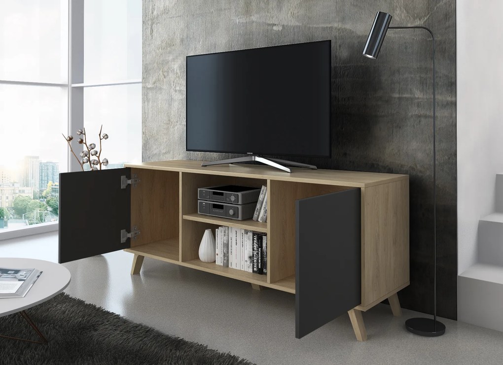 Móvel de TV 140 com 2 portas, sala de estar, modelo WIND, cor da estrutura Puccini, cor da porta Antracite Grey, medidas 140x40x57cm de altura