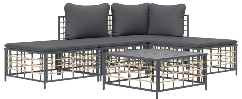 5 pcs conjunto lounge de jardim c/ almofadões vime PE antracite