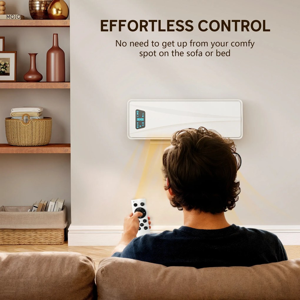 Aquecedor Elétrico de Baixo Consumo de Parede 2000W com 3 Modos Ecrã LED Termostato Temporizador e Oscilação 54x18,7x14,5 cm Branco