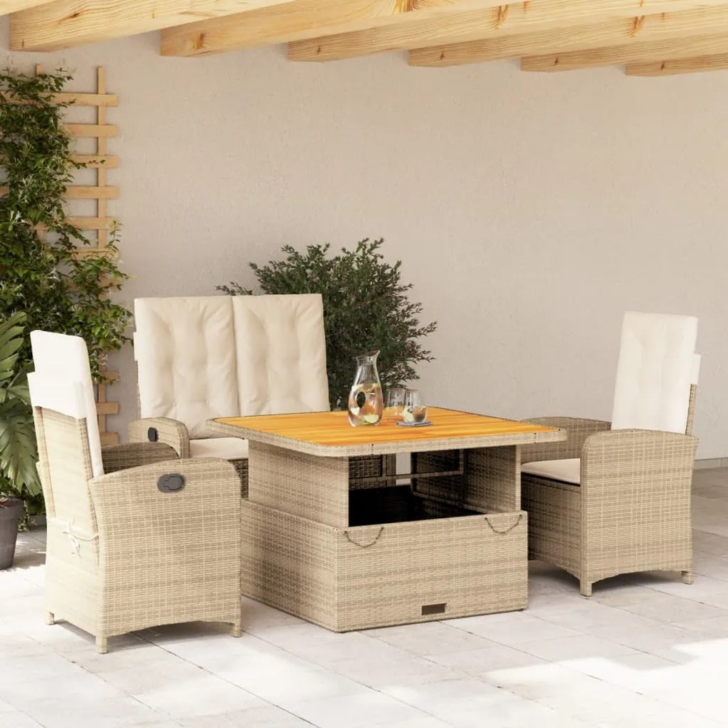 vidaXL 4 pcs conjunto de jantar p/ jardim c/ almofadões vime PE bege