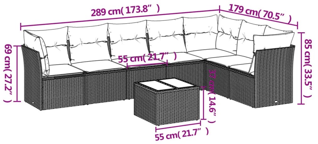8 pcs conjunto sofás de jardim com almofadões vime PE preto