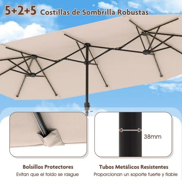 Guarda-sol grande 392 cm com luzes LED solares, manivela, 12 hastes, retangular de duas faces Bege