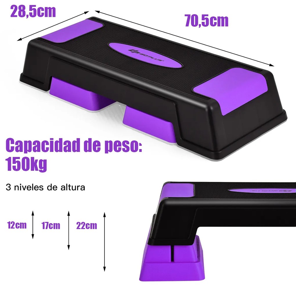 Stepper para aeróbica com degraus Step Fitness com altura regulável 12/17/22 cm com plataforma para casa ginásio violeta