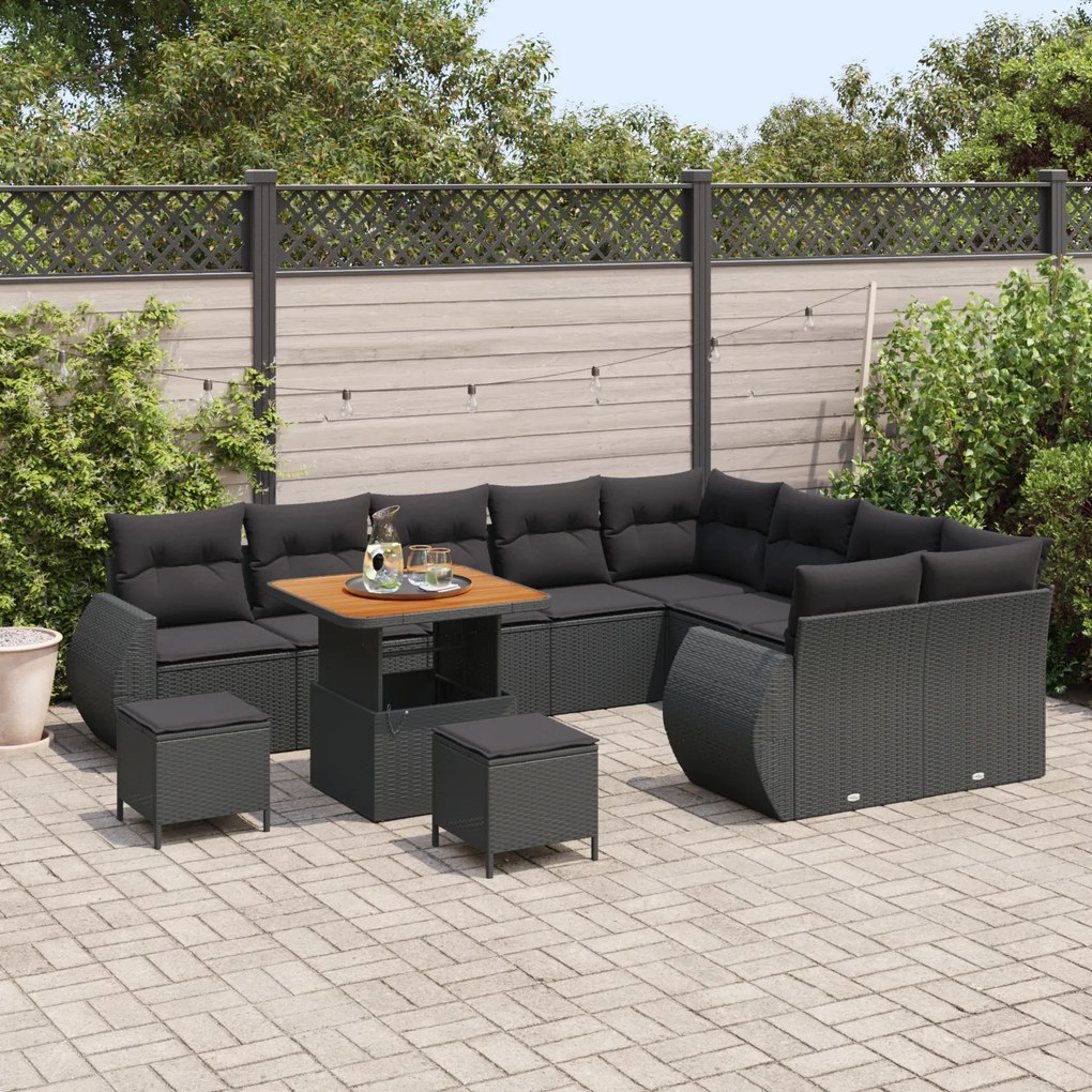 Conjunto de Sofa de Jardim vidaXL 12 Peças com Almofadas Preto Vime Po