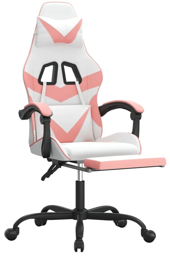 Cadeira gaming com apoio p/ pés couro artificial branco e rosa